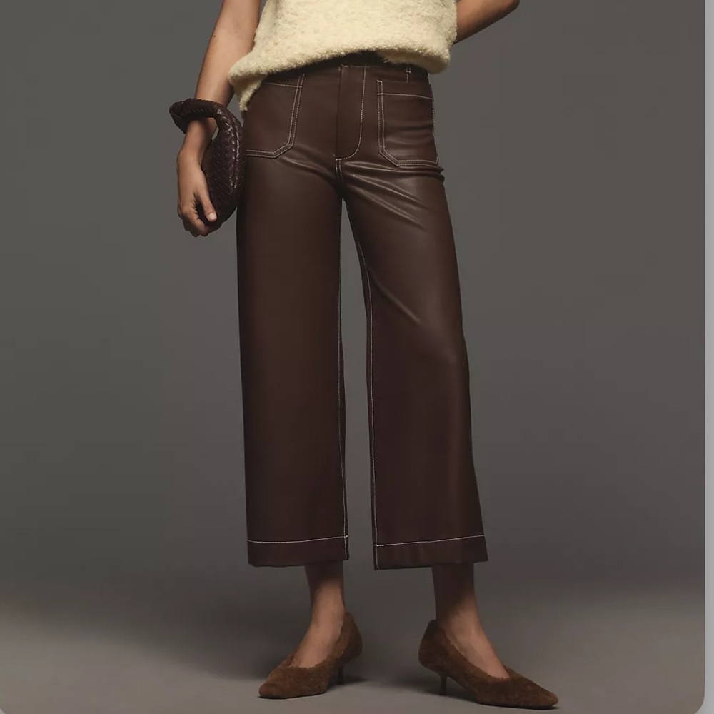Colette Cropped Wide-Leg Pants by Maeve: Faux-Leather Top-Stitch size 30
